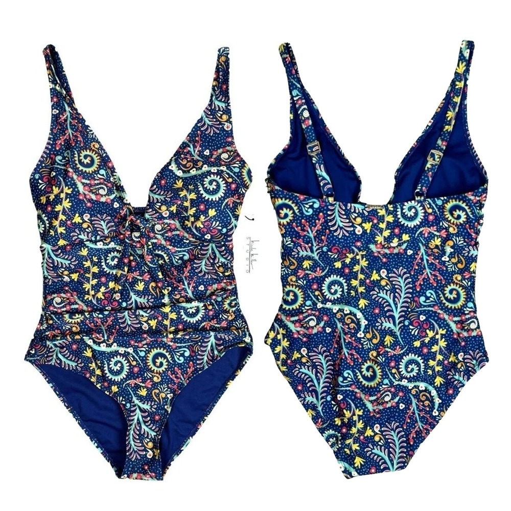 NEW Nicole Miller Womens One Piece Swimsuit S Blue Paisley Floral Sweetheart
